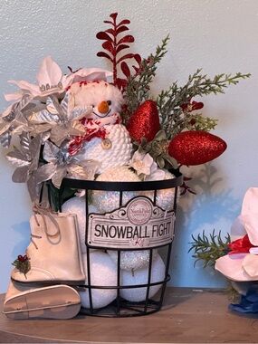 Hand Crafted Snowball Fight Basket Decor - White, Red & Silver
